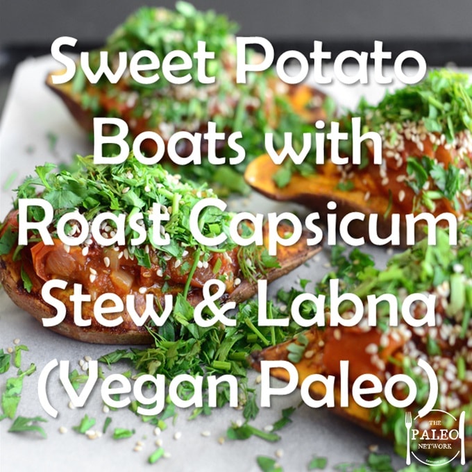 Recipe paleo sweet potato boats with roast capsicum bell pepper stew and labna vegan pegan diet-min